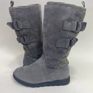 Womens Muk Luks Mukluks Mid Calf Boots Gray Knit Suede Buckle Accent